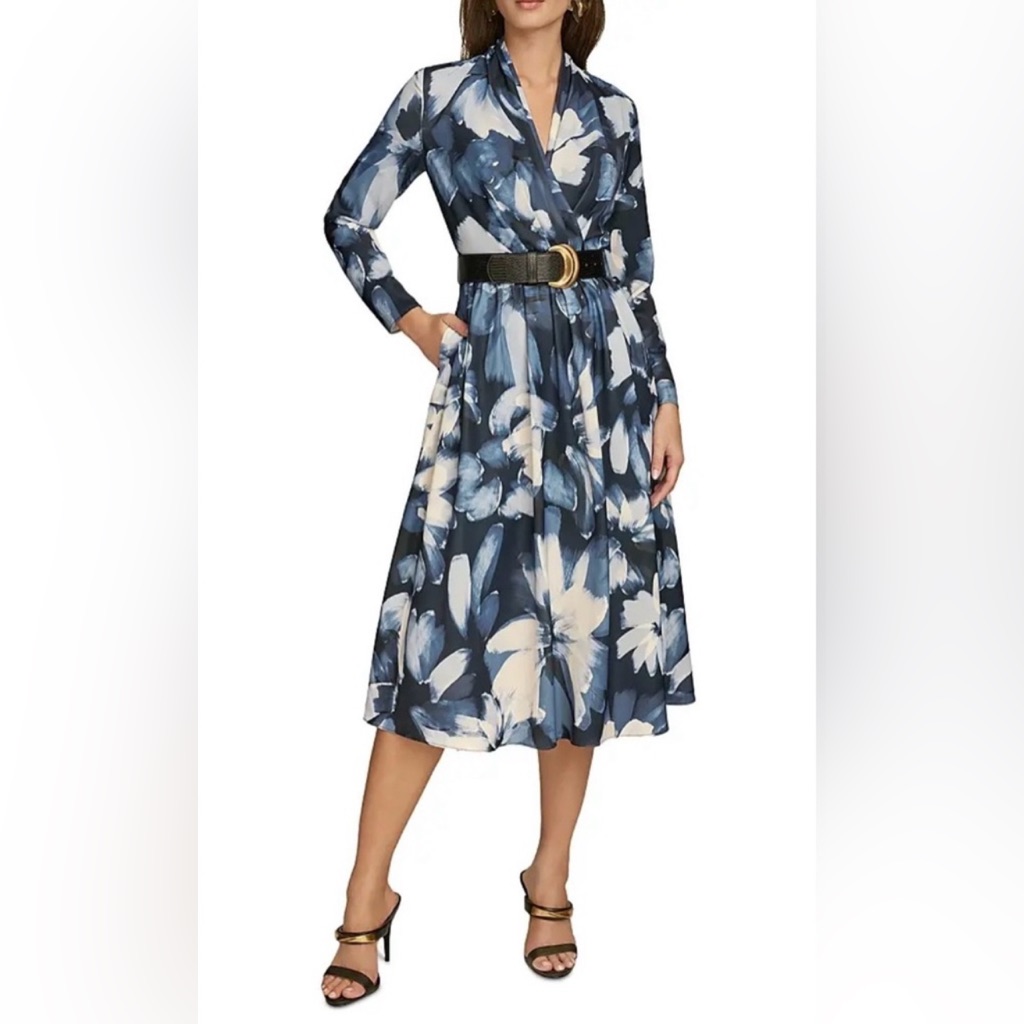 Nwt Donna Karan Belted Floral Dress. 10 Pocket. Blue/Black/White. Retail$179